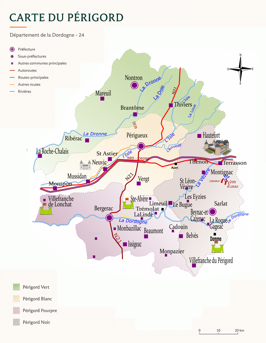 Carte du Périgord et des quatre territoires de la Dordogne