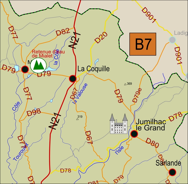 carte Périgord B7 La&nbsp;Coquille Jumilhac-le-Grand Mialet