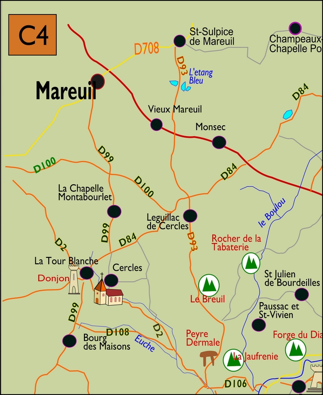 carte Périgord C4 Cercles Mareuil Monsec Saint-Sulpice-de-Mareuil La&nbsp;Tour-Blanche