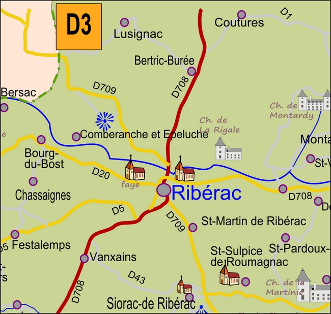 carte Périgord D3 Chassaignes Comberanche-et-Épeluche Ribérac Saint-Martin-de-Ribérac Vanxains