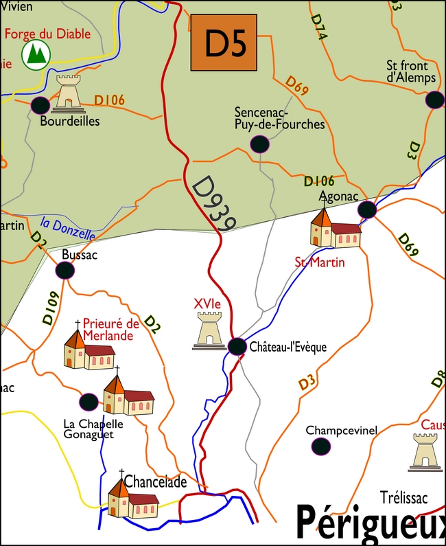 carte Périgord D5 Bourdeilles Bussac Champcevinel La&nbsp;Chapelle-Gonaguet Château-l'Évêque