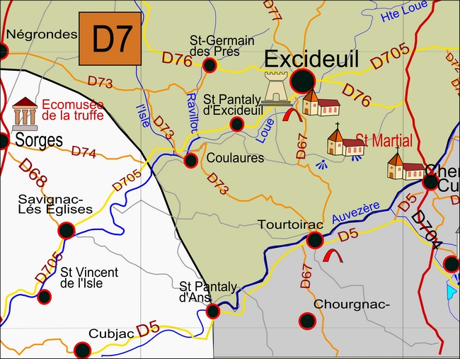 carte Périgord D7 Chourgnac Coulaures Excideuil Saint-Pantaly-d'Ans Tourtoirac