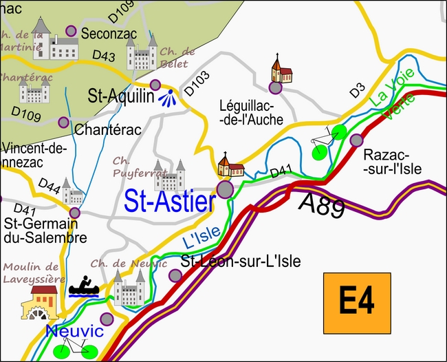 carte Périgord E4 Chantérac, Léguillac-de-l'Auche, Neuvic, Razac-sur-l'Isle, Saint-Aquilin, Saint-Astier, Saint-Germain-du-Salembre, Saint-Léon-sur-l'Isle, Segonzac