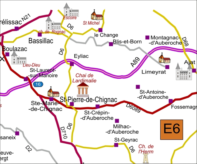carte Périgord E6 Bassillac Milhac-d'Auberoche Sainte-Marie-de-Chignac Saint-Laurent-sur-Manoire Saint-Pierre-de-Chignac