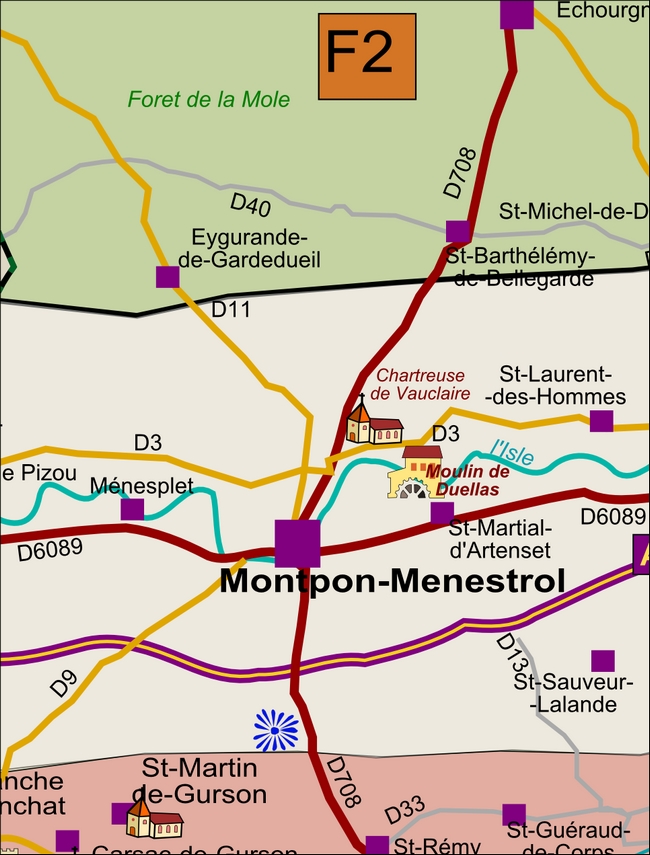 carte Périgord F2 Eygurande-et-Gardedeuil Montpon-Ménestérol Saint-Martial-d'Artenset Saint-Martin-de-Gurson Saint-Sauveur-Lalande