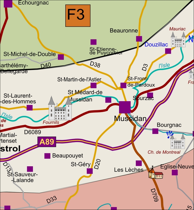 carte Périgord F3 Bourgnac Douzillac Église-Neuve-d'Issac Mussidan Saint-Laurent-des-Hommes