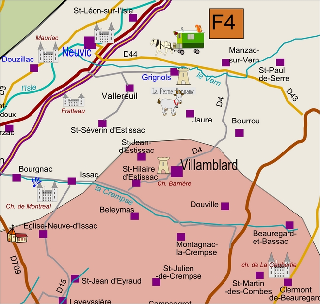 carte Périgord F4 Beleymas, Bourrou, Grignols, Issac, Jaure, Manzac-sur-Vern, Saint-Hilaire-d'Estissac, Saint-Jean-d'Estissac, Saint-Séverin-d'Estissac, Vallereuil, Villamblard