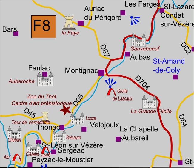 carte Périgord F8 Aubas Montignac Saint-Amand-de-Coly Saint-Geniès Valojoulx