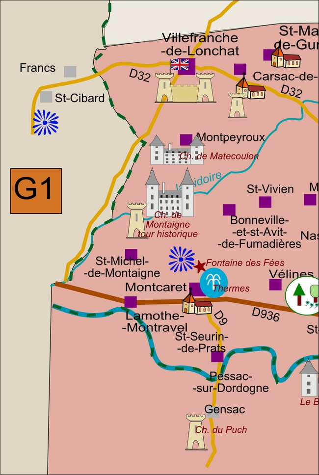 carte Périgord G1 Lamothe-Montravel Montpeyroux Saint-Michel-de-Montaigne Saint-Seurin-de-Prats Villefranche-de-Lonchat