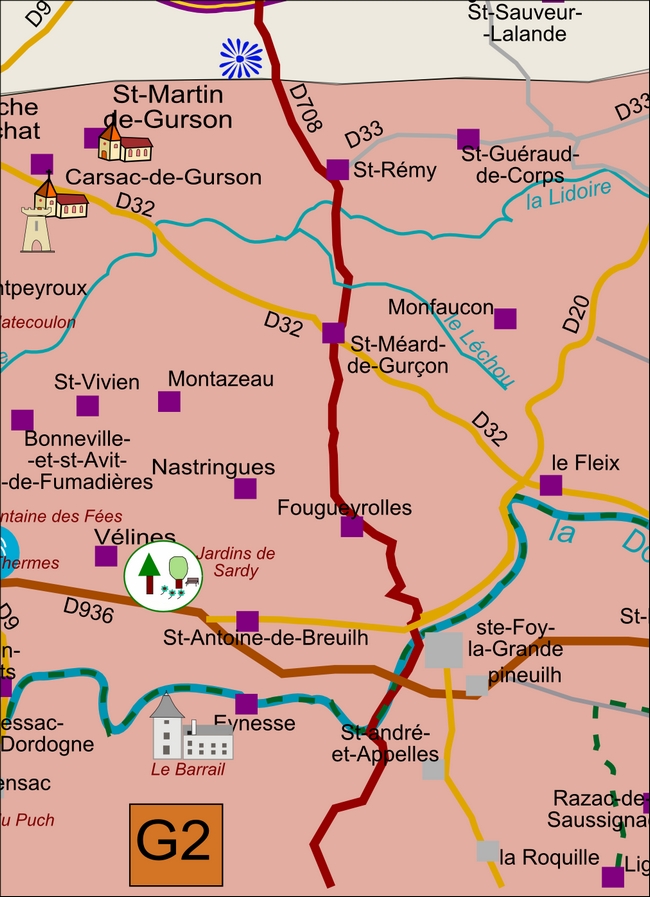 carte Périgord G2 Le&nbsp;Fleix Saint-Antoine-de-Breuilh Saint-Méard-de-Gurçon Saint-Vivien Vélines
