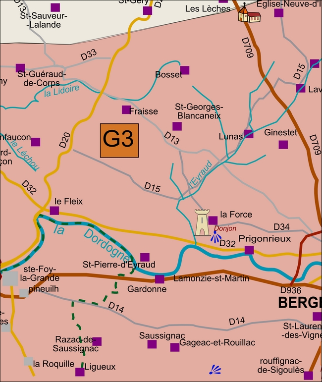 carte Périgord G3 La&nbsp;Force Lunas Monfaucon Prigonrieux Saint-Pierre-d'Eyraud