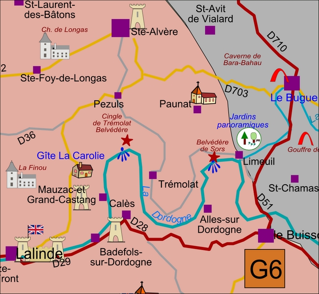 carte Périgord G6 Alles-sur-Dordogne, Badefols-sur-Dordogne, Calès, Limeuil, Mauzac-et-Grand-Castang, Paunat, Pezuls, Pontours, Saint-Avit-de-Vialard, Sainte-Alvère, Sainte-Foy-de-Longas, Trémolat