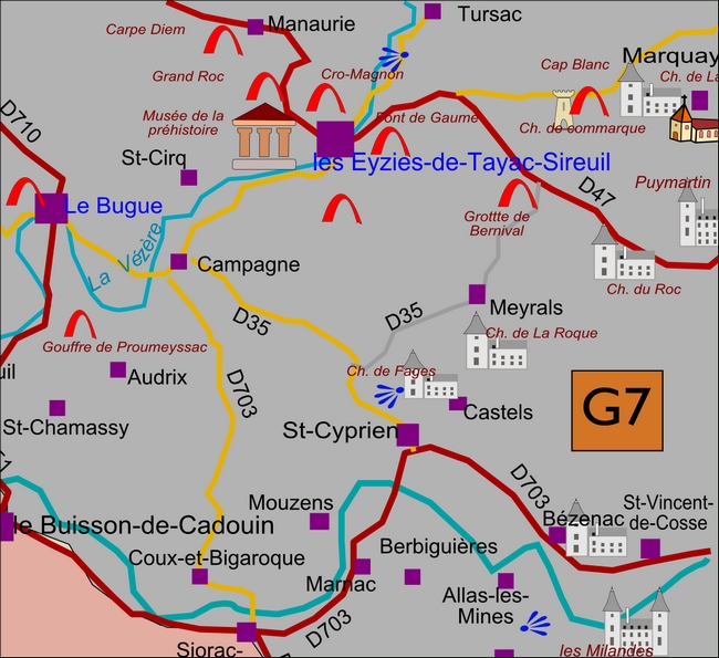 carte Périgord G7 Audrix, Le Bugue, Campagne, Castels, Les Eyzies-de-Tayac-Sireuil, Manaurie, Marnac, Mauzens-et-Miremont, Meyrals, Mouzens, Saint-Chamassy, Saint-Cirq, Saint-Cyprien, Tursac