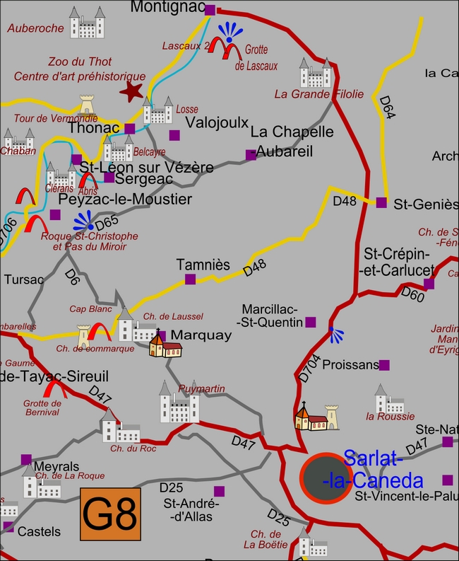 carte Périgord G8 Marcillac-Saint-Quentin, Marquay, Proissans, Saint-André-d'Allas, Sainte-Nathalène, Saint-Vincent-le-Paluel, Sarlat-la-Canéda, Tamniès