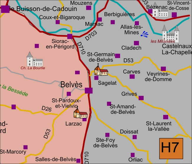 carte Périgord H7 Allas-les-Mines, Belvès, Berbiguières, Le Buisson-de-Cadouin, Cadouin, Carves, Coux-et-Bigaroque, Doissat, Grives, Monplaisant, Sagelat, Saint-Amand-de-Belvès, Saint-Germain-de-Belvès, Saint-Pardoux-et-Vielvic, Saint-Pompont, Siorac-en-Périgord, Urval