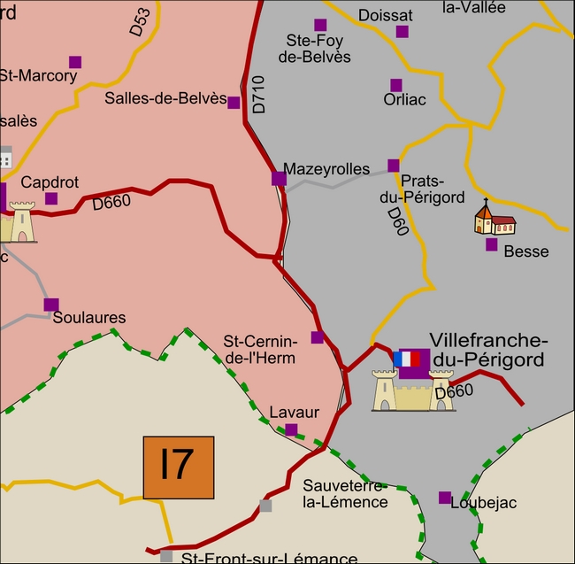 carte Périgord I7 Prats-du-Périgord Saint-Marcory Salles-de-Belvès Soulaures Villefranche-du-Périgord